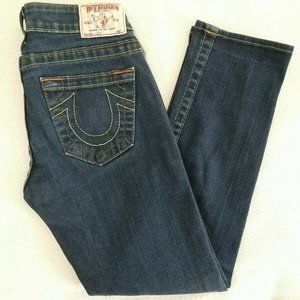 TRUE RELIGION LIZZY Slim Crop Denim Blue Jeans Womens 24 Embroidered Logo Pocket